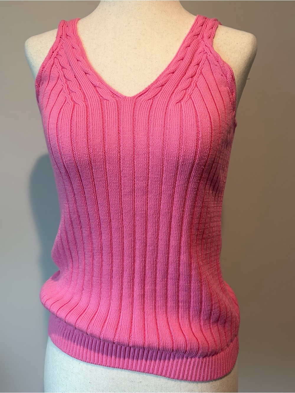 Talbots Pink Ribbed Cable-Trim Tank Top
